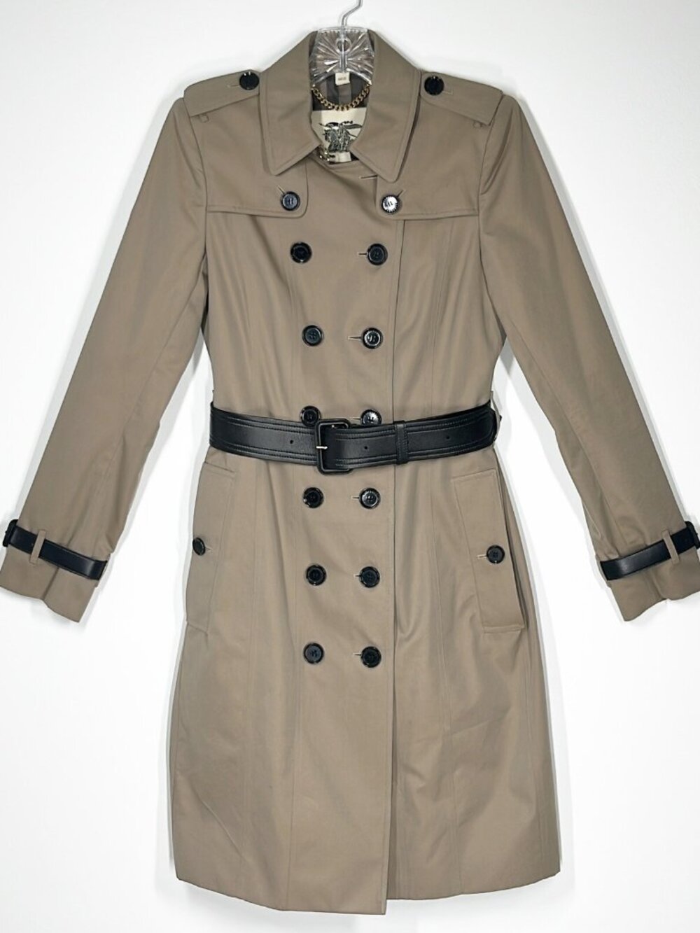 BURBERRY Beige and Black Leather Trim Women' Classic Trench Coat Size US 8